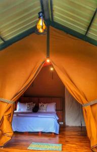 a bed in a tent with a cat sitting on it at Eco Wild Glamping Bambarakanda 