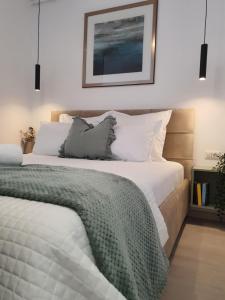 布加勒斯特Premium Hils Brauner Studio的一间卧室，有两张床，墙上挂着一幅画