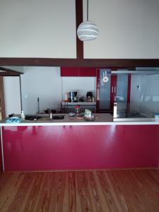 a kitchen with a pink counter top in a room at ゲストハウス ふしの庵 in Ogori