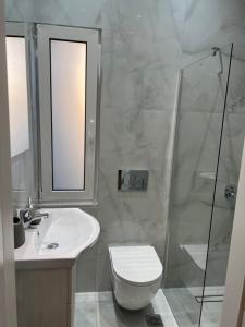 a bathroom with a toilet and a sink and a shower at Selenity studio(close to two metro stations) in Piraeus