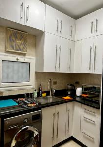 cocina con armarios blancos y lavadora en Riverfront Apartment 1 en El Cairo