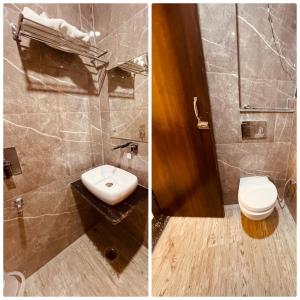 Duas fotografias de uma casa de banho com WC e lavatório. em White House - A Four Star Luxury Resort em Haridwar