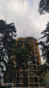 a tall building with a tree in front of it at Квартира-студия с видом на море in Ureki