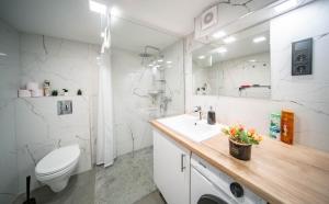 a white bathroom with a toilet and a sink at Free parking Basilica Rob's Home - AC, Wi-Fi, smart TV in Budapest