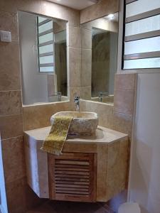 un baño con lavabo y espejo en - Les pieds dans l'eau à 50m de la plage, côté mer caraïbe - Domaine de l'Anse CARITAN - Sainte-Anne -, en Sainte-Anne