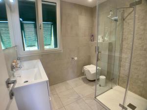 uma casa de banho com um chuveiro, um lavatório e um WC. em Appartement Monaco Larvotto PLAGE em Roquebrune-Cap-Martin