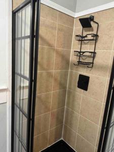 uma cabina de duche ao nível do chão com uma escada de metal na casa de banho em Harris Home em Birmingham