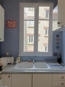 uma cozinha com um lavatório e uma janela em Charmant appartement 1930 Centre-ville Nogent-sur-Marne em Nogent-sur-Marne