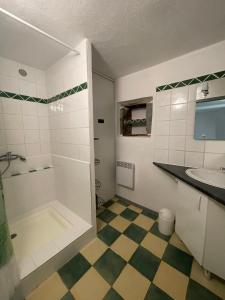 un baño con ducha y lavabo en Gîte L'ESCOUSSOU 6p, 4ch, 120m2, charme et nature, piscine chauffée, sud Ardèche, en Joyeuse