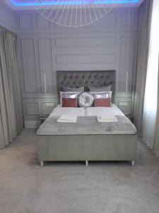 ゴジュフ・ヴィエルコポルスキにあるApartamenty "PRZY KATEDRZE" GORZÓW - jacuzziのベッドルーム1室(青いライト付きの大型ベッド1台付)