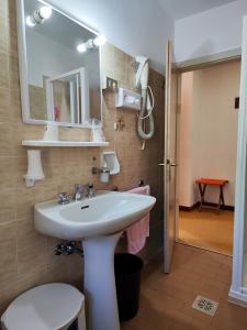 La salle de bains est pourvue d'un lavabo, d'un miroir et de toilettes. dans l'établissement Albergo Pensione Sport, à Arabba