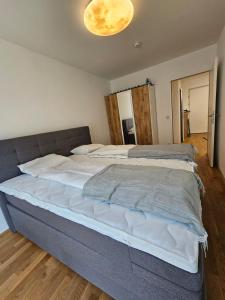 インスブルックにあるStylish Apartment in Innsbruck + 1 parking spotのベッドルーム1室(大型ベッド1台付)