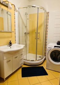 een badkamer met een douche, een wastafel en een wasmachine bij After Six Apartment in Bratislava