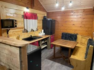 - une cuisine avec un évier et une table dans une cabine dans l'établissement Le petit chalet du mouralet, à Légna