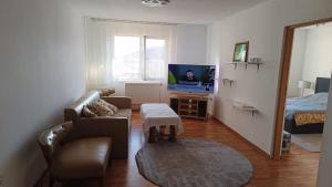 a living room with a couch and a tv at Apartament Marly Cathedral in Gura Humorului