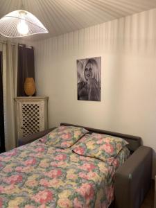 a bedroom with a bed and a picture on the wall at Appartement rue de l'amarrage à PORT GRIMAUD avec Terrasse vue canaux et garage in Grimaud