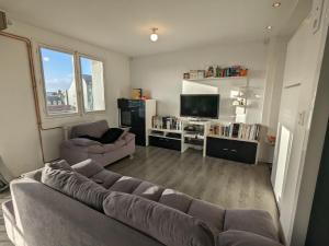 a living room with a couch and a tv at Hyper Centre La Roche sur Yon - Appartement spacieux et lumineux in La Roche-sur-Yon