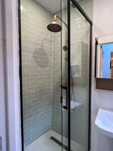 y baño con ducha y puerta de cristal. en Charming and cozy apartment in Pantin, en Pantin