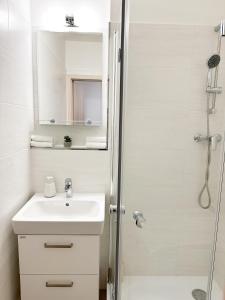 布拉提斯拉瓦的住宿－Apartmán Simcity Bratislava，浴室配有盥洗盆和带镜子的淋浴