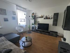 a living room with a couch and a tv at Ferienwohnung Nina direkt in Zentrum in Bad Wildbad