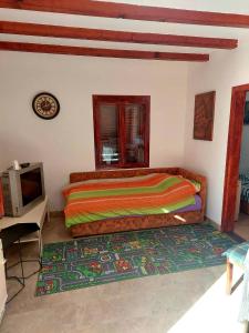 Schlafzimmer mit einem Bett, einem TV und einem Teppich in der Unterkunft Apartman Vidikovac in Varna
