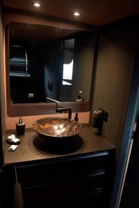 a bathroom with a sink with a mirror at WHEELHOUSE EUPHRATE HOUSEBOAT in Amsterdam