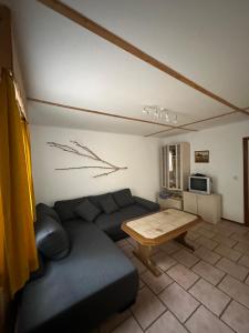 ein Wohnzimmer mit einem Sofa und einem Tisch in der Unterkunft Feriendorf Finnhütte in Niesky