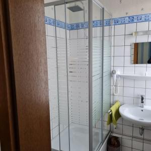 a bathroom with a glass shower and a sink at Wilhelm Busch Stube in Ebergötzen