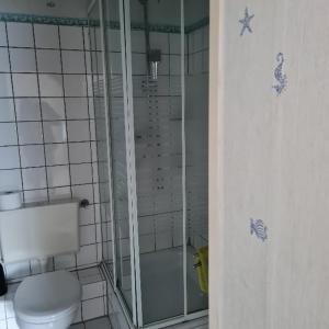 a bathroom with a toilet and a glass shower at Wilhelm Busch Stube in Ebergötzen