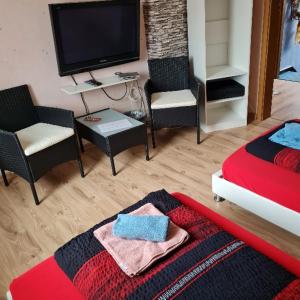 a living room with a bed and chairs and a flat screen tv at Wilhelm Busch Stube in Ebergötzen