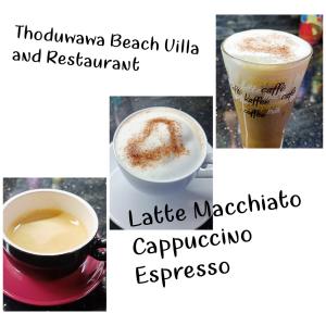 un collage de photos de café et d'une boisson dans l'établissement Thoduwawa Beach Villa, à Paiyagala South