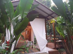 dom z białymi drzwiami i roślinami w obiekcie Acqua Jungle Glamping & Room w mieście Abraão