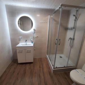 a bathroom with a shower and a sink and a toilet at Шале АНСО in Mykulychyn