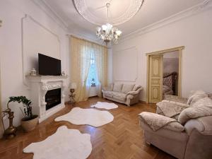 sala de estar con 2 sofás y chimenea en GoldenApartmentLviv, en Leópolis