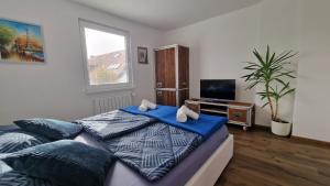 a bedroom with a bed and a tv in it at Apartma VAL in Maribor