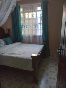 1 dormitorio con 1 cama con cortinas verdes y ventana en LAURAPA home's, en Kisumu