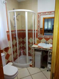 y baño con ducha, aseo y lavamanos. en Paraje El Pozo, en Málaga