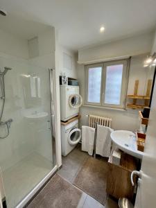 a bathroom with a shower and a sink and a washing machine at Appartement Hyper Centre Place Kléber in Strasbourg