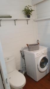 a bathroom with a washing machine and a toilet at Villa de Bois Blanc Strelitzia in Saint-Leu