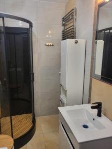 bagno con doccia e lavandino bianco di 2 pokojowy apartament a Stettino