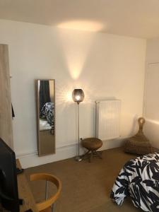 a bedroom with a lamp and a mirror and a bed at Chez Vero et Bruno in Paris