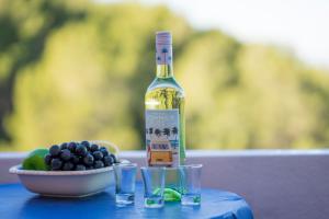 a bottle of wine sitting on a table with glasses at SVEMA APARTMAN in Vela Luka