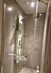 La salle de bains est pourvue d'une douche avec une porte en verre. dans l'établissement st Laurent cocon, à Pont-à-Mousson
