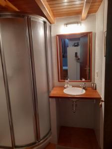 La salle de bains est pourvue d'un lavabo, d'une douche et d'un miroir. dans l'établissement A Casa da Gombra, à Villanueva de Arosa