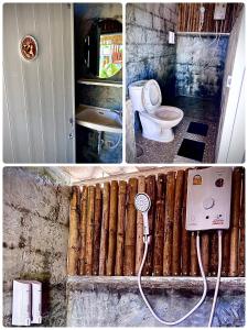 un collage de trois photos d'une salle de bains avec toilettes dans l'établissement PJ Kingdom Camps, 