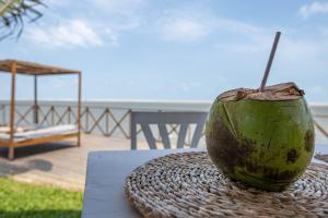 un coco sentado sobre una mesa cerca del océano en Santa Maria Atins en Atins