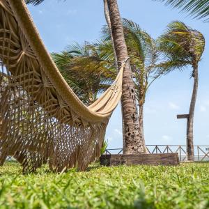 a hammock hanging from two palm trees on a beach at Santa Maria Atins in Atins