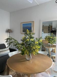 une table avec un vase avec une plante sur elle dans l'établissement St Raphaël 37m2, piscine, wifi, commerces mer 5mn à pieds, à Saint-Raphaël