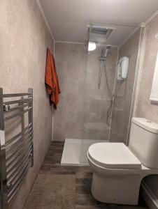 a bathroom with a toilet and a shower at The Piggery in Witheridge