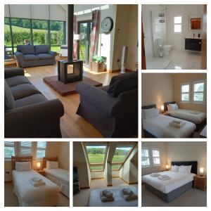 a collage of four pictures of a living room at Auchendennan Farm Self Catering Cottages in Balloch